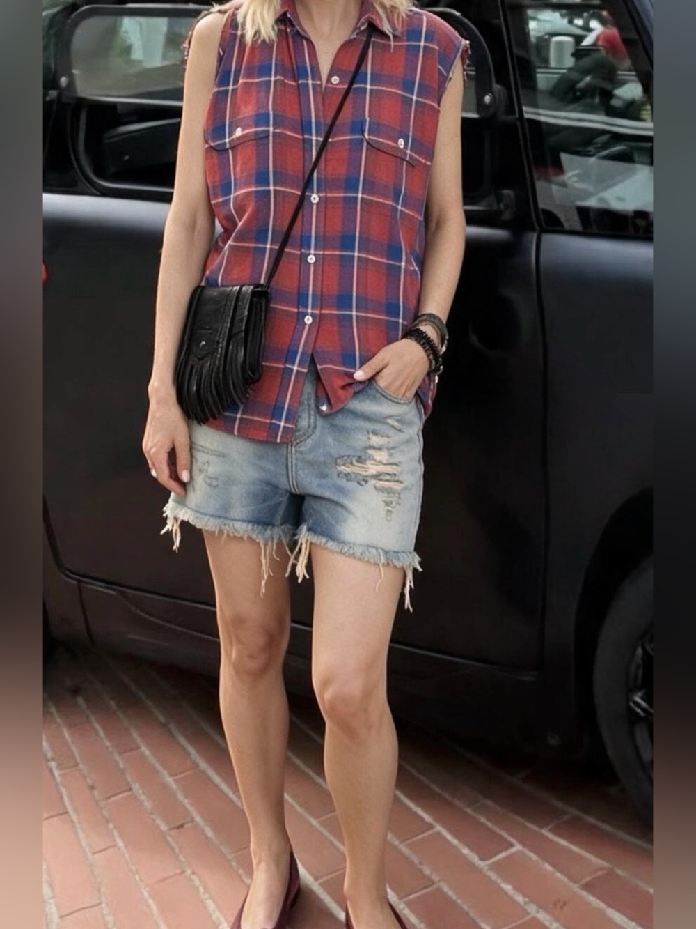 R13 Red & Blue Zipper Convertible Sleeveless Flannel Shirt